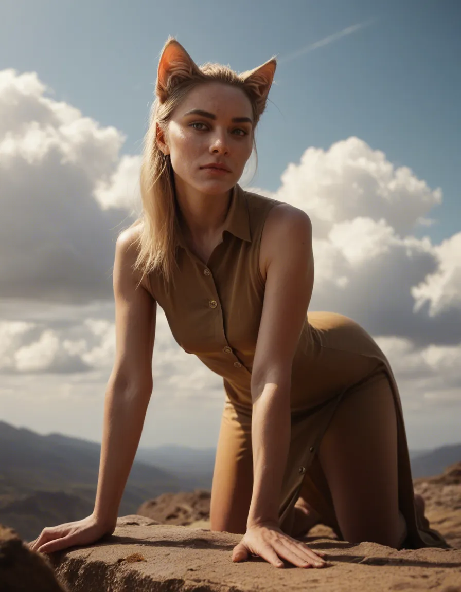 RAW photo, ultra realistic, catgirl, buttons, dress, on all fours, cloudy sky, golden hour, dslr quality, score_9, score_8, candid photo, realistic skin texture, visible skin pores, film grain, depth of field