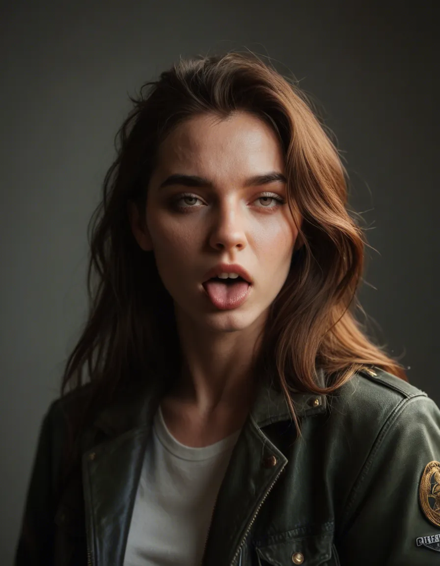 RAW photo, ultra realistic, bunny woman, hair ornament, jacket, ahegao, backlit, 8k uhd photo, score_9, score_8, candid photo, realistic skin texture, visible skin pores, film grain, depth of field
