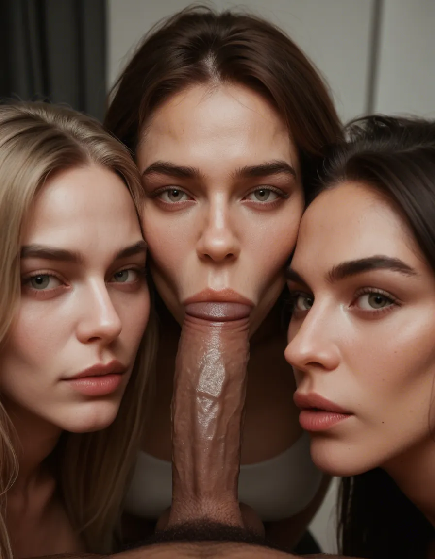 dslr, film grain, photorealistic, 3women, pantyhose, blowjob, studio photo, score_9, score_8, candid photo, realistic skin texture, visible skin pores, film grain, depth of field