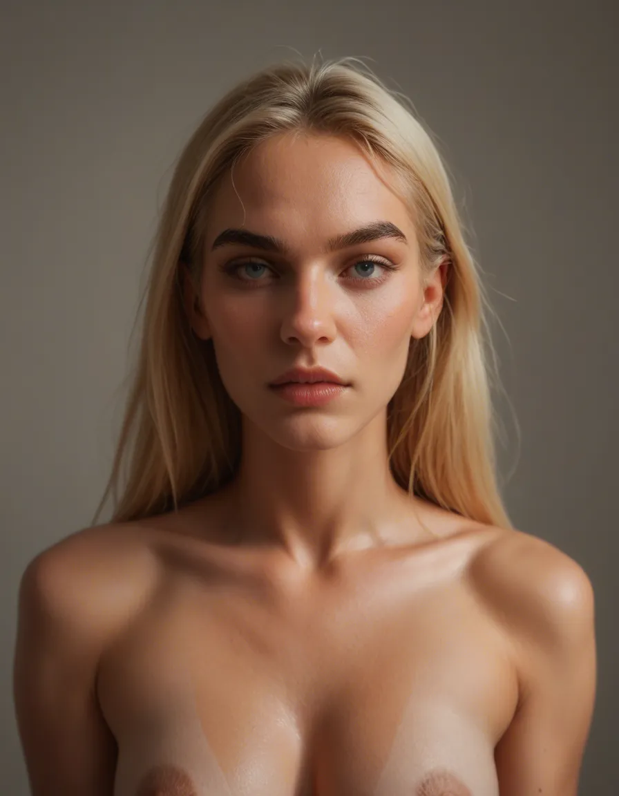 Blonde woman skinny black Due brows backshots, score_9, score_8, candid photo, realistic skin texture, visible skin pores, film grain, depth of field