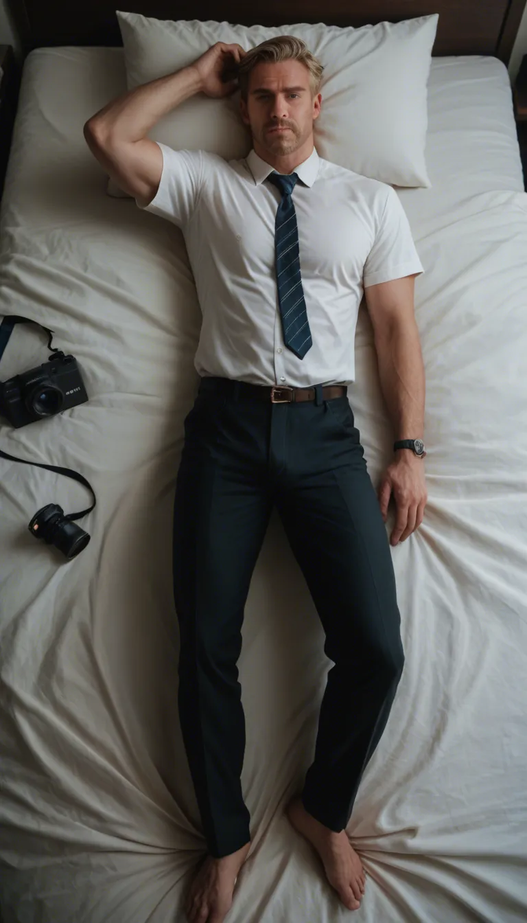 full body, blond, lie down on bed, fuck by man, tie ip bed, camera on the  top