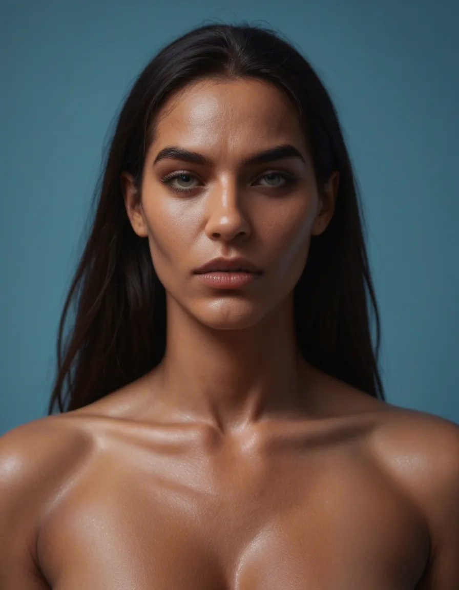ultra HD, lifelike, extreme close-up, 1other, topless, dark-skinned male, blue background, confident gaze, RAW photo, score_9, score_8, candid photo, realistic skin texture, visible skin pores, film grain, depth of field