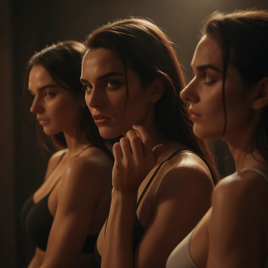 sharp focus, 8k uhd, side view, 3girls, arching back, hands up, depth of field, dominant stare, film photography