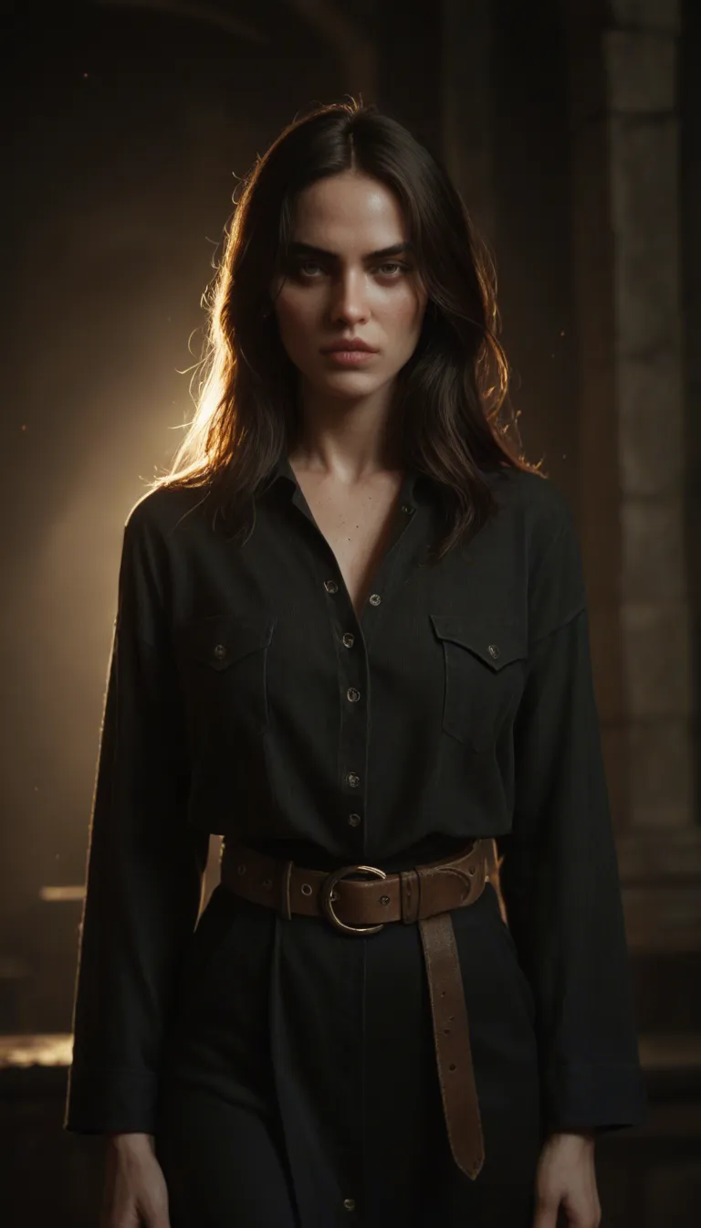 8k, sharp focus, detailed skin, witch, parted bangs, belt, presenting, studio photo, score_9, score_8, cinematic film still, anamorphic, film grain, dramatic lighting, shallow depth of field