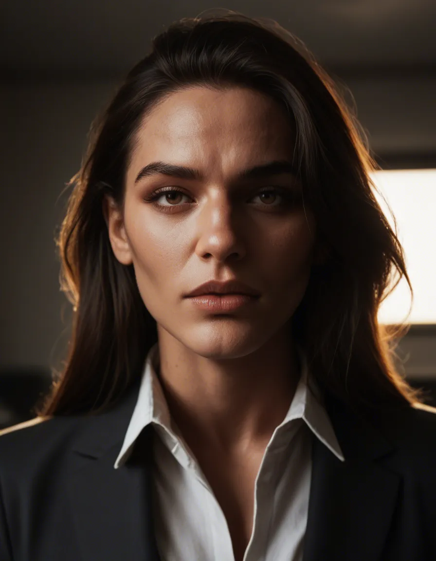 In a dark office, cinematic photorealistic close up shot of a older matron-like woman, admiring the huge erection of a young man. dark rim lighting., score_9, score_8, candid photo, realistic skin texture, visible skin pores, film grain, depth of field