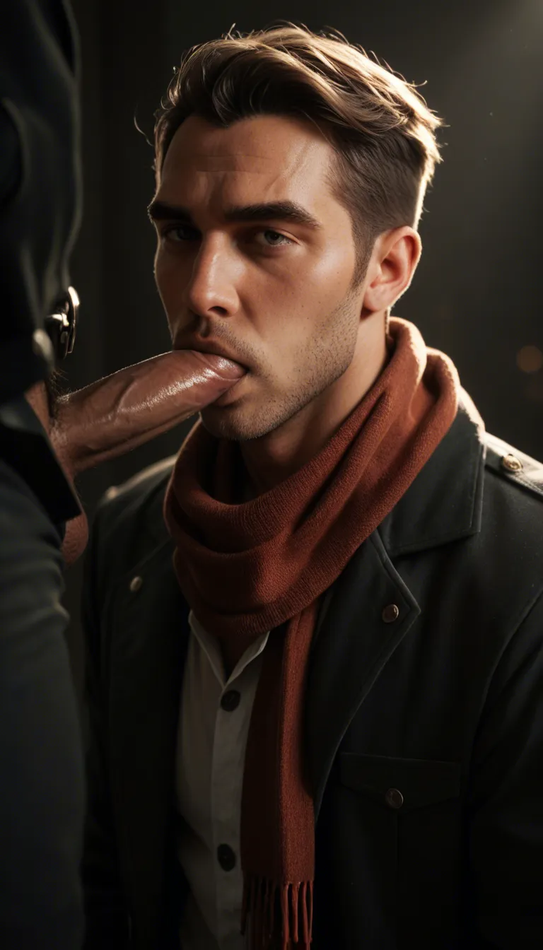 best quality, hyperrealistic, 5guys, scarf, alternate costume, blowjob, dramatic lighting, studio photo gay sex