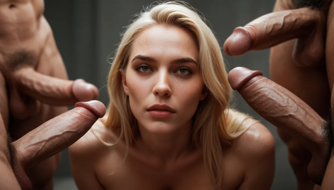 thrre sexy blonde girls on their knees getting fucked from behind by big dicks going in their vaginas