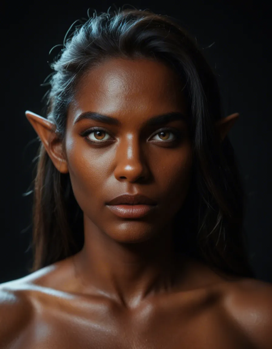 8k, sharp focus, detailed skin, elf woman, presenting, dark-skinned female, black background, film photography, score_9, score_8, candid photo, realistic skin texture, visible skin pores, film grain, depth of field