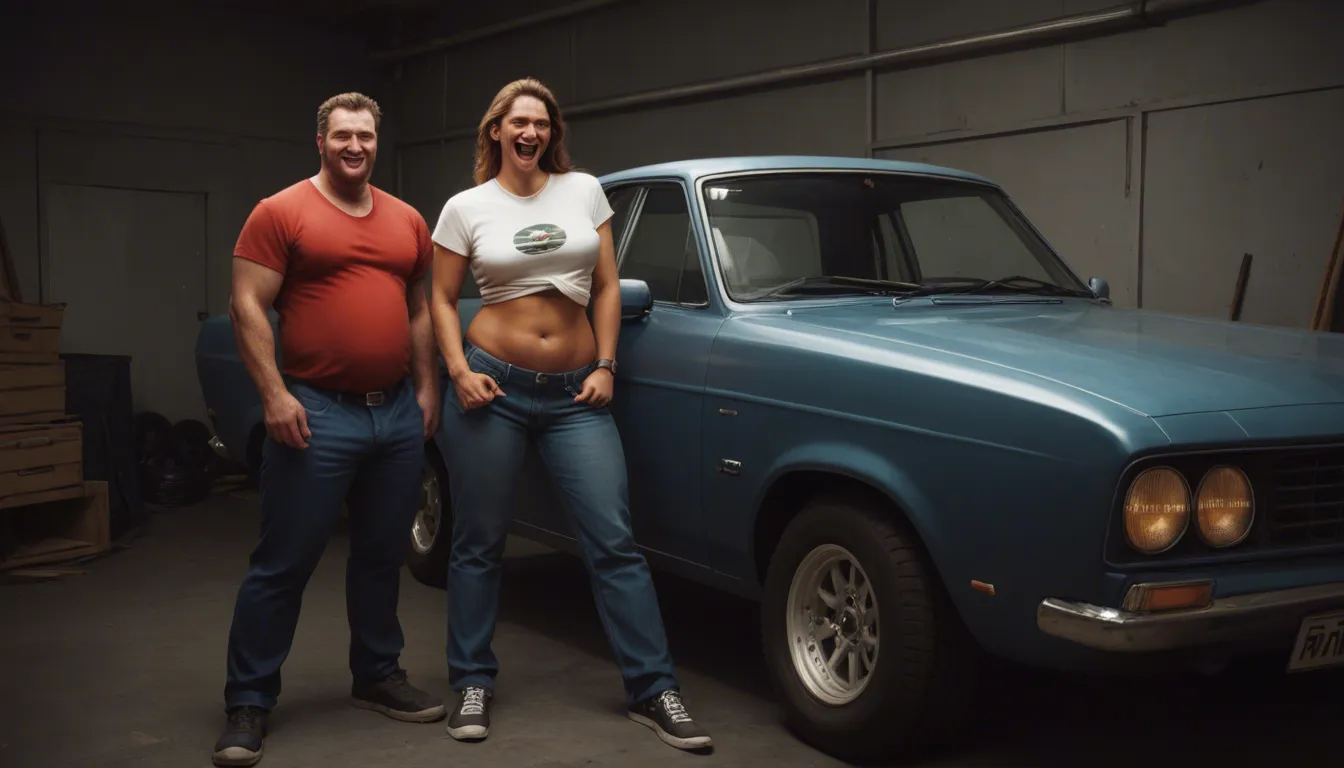 make 2 british dads, set it in 1970s britian, messing around laughing in the garage with a ford cortina next to them, give them dad bods, not fat, just a bit of a belly. unbutton their shirts, have their trousers down to their knees. Keep the same pose, face, background, and lighting. Show realistic skin texture, natural body proportions, and anatomically correct details. Give him a typical british dad cock, uncut, quite worn out, huge pubic bush. soft cocks, the one on the left about 12 inches and the one on the right about 17 inches, make it more 1970s, make them look british and 1970s, score_9, score_8, candid photo, realistic skin texture, visible skin pores, film grain, depth of field