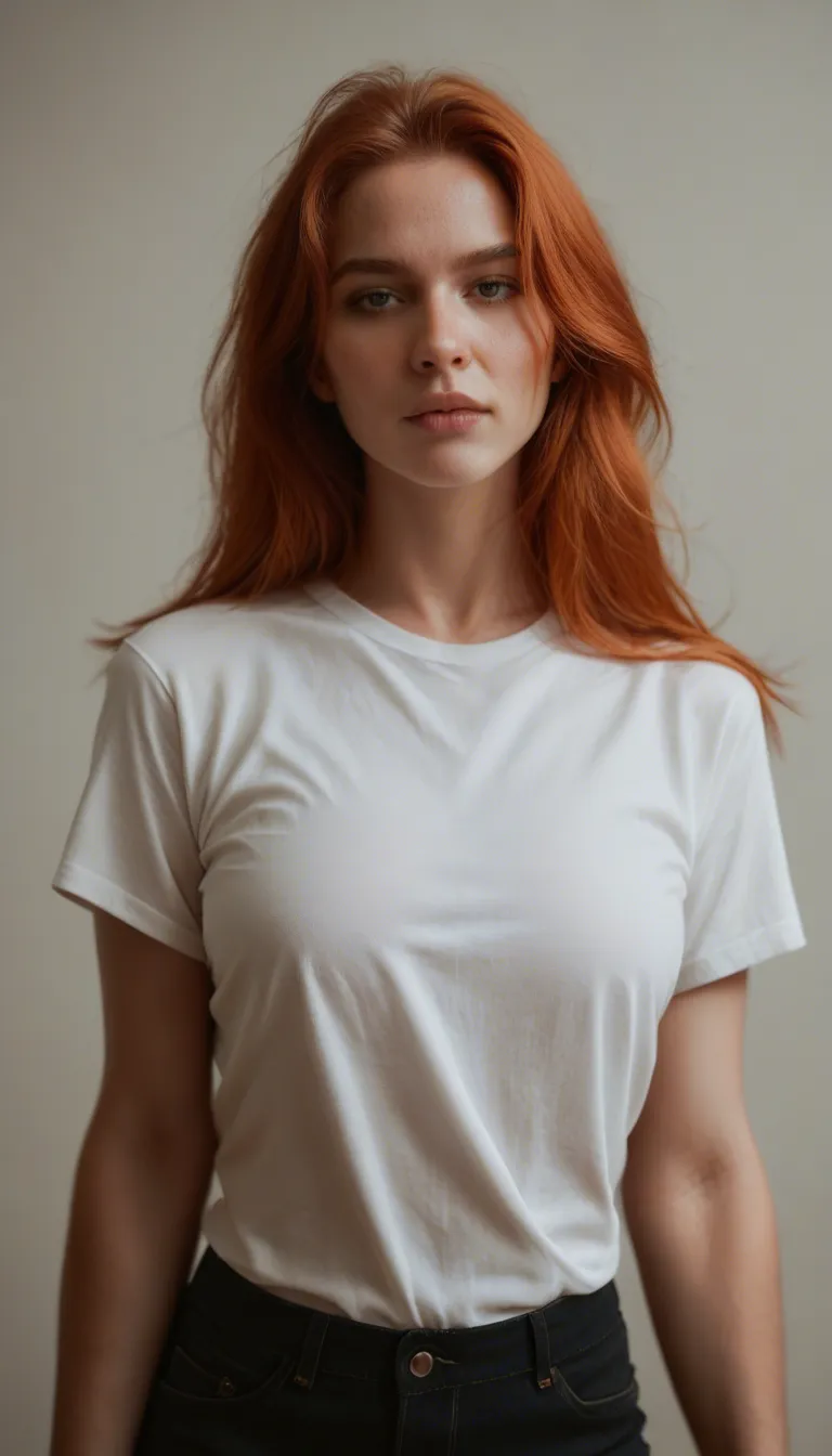 sharp focus, 8k uhd, redhead woman, white shirt, presenting, photorealistic