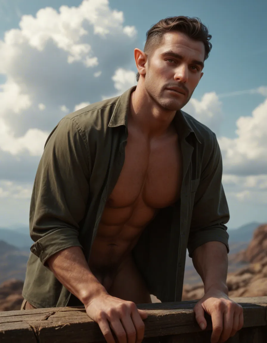 best quality, hyperrealistic, elf woman, muscular male, open clothes, bent over, cloudy sky, three-quarter view, film photography, score_9, score_8, candid photo, realistic skin texture, visible skin pores, film grain, depth of field