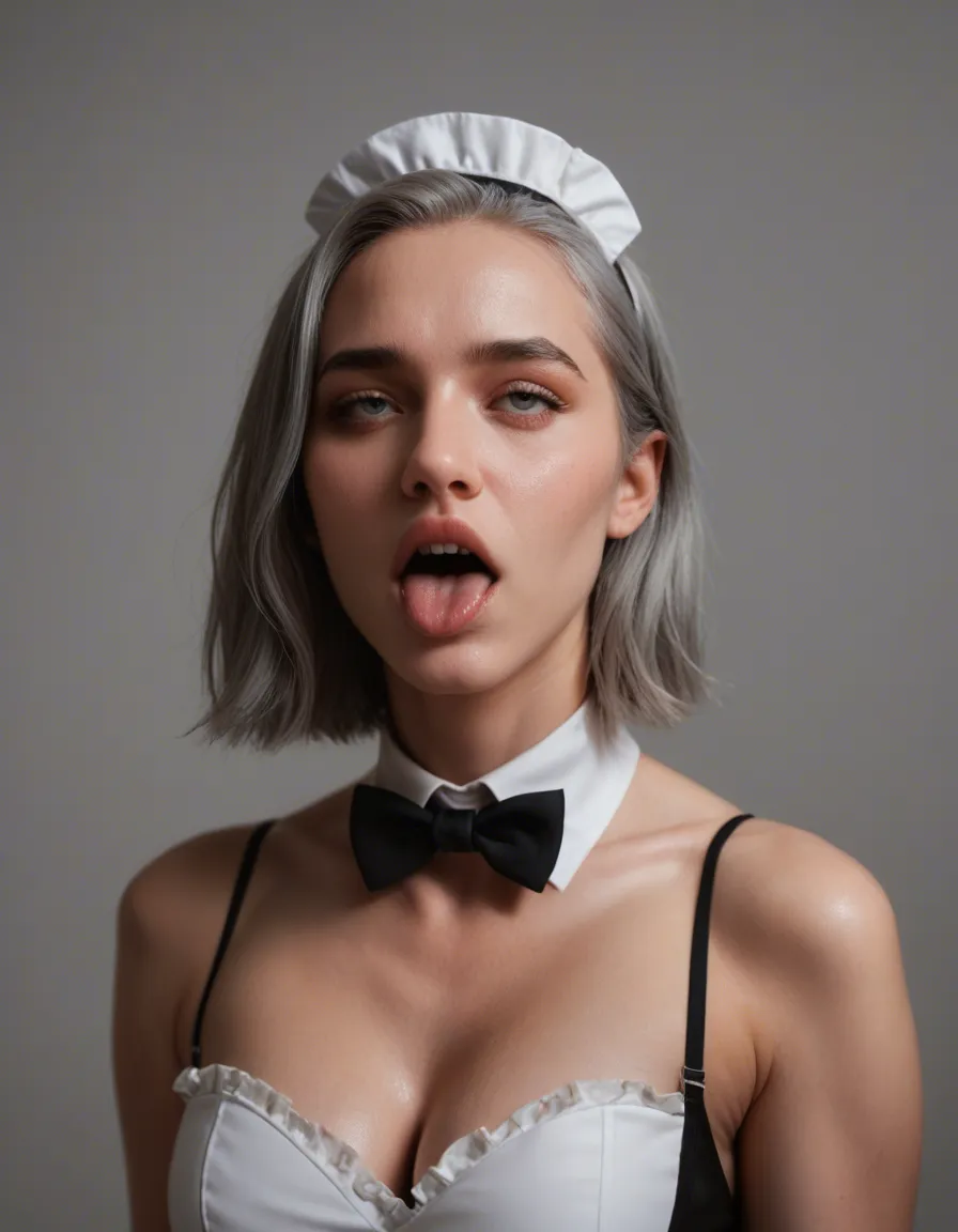 studio quality, sharp focus, maid, grey hair, bowtie, ahegao, hyperrealistic, score_9, score_8, candid photo, realistic skin texture, visible skin pores, film grain, depth of field