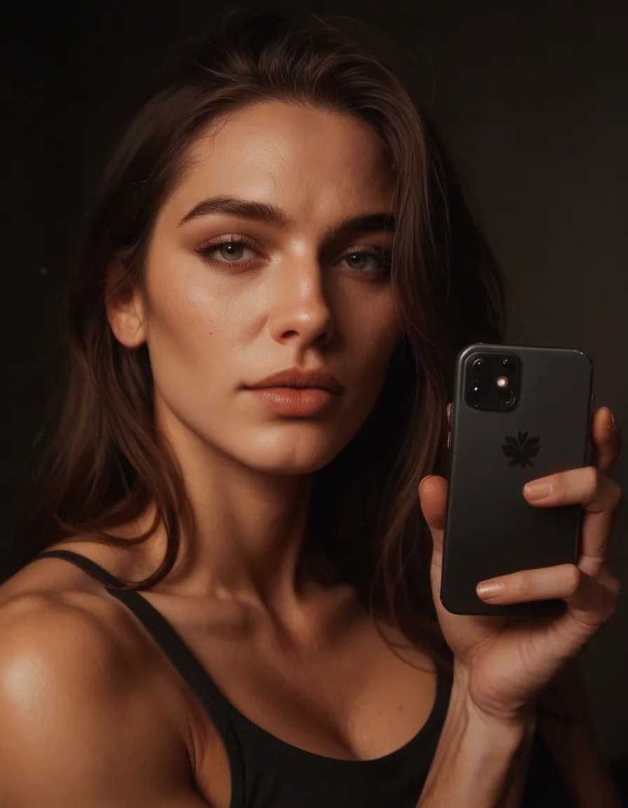 authentic lighting, clear, 1woman, futanari, muscular male, dreamy atmosphere, casual photo, score_9, score_8, amateur photo, phone snapshot, realistic skin texture, skin blemishes, soft indoor lighting