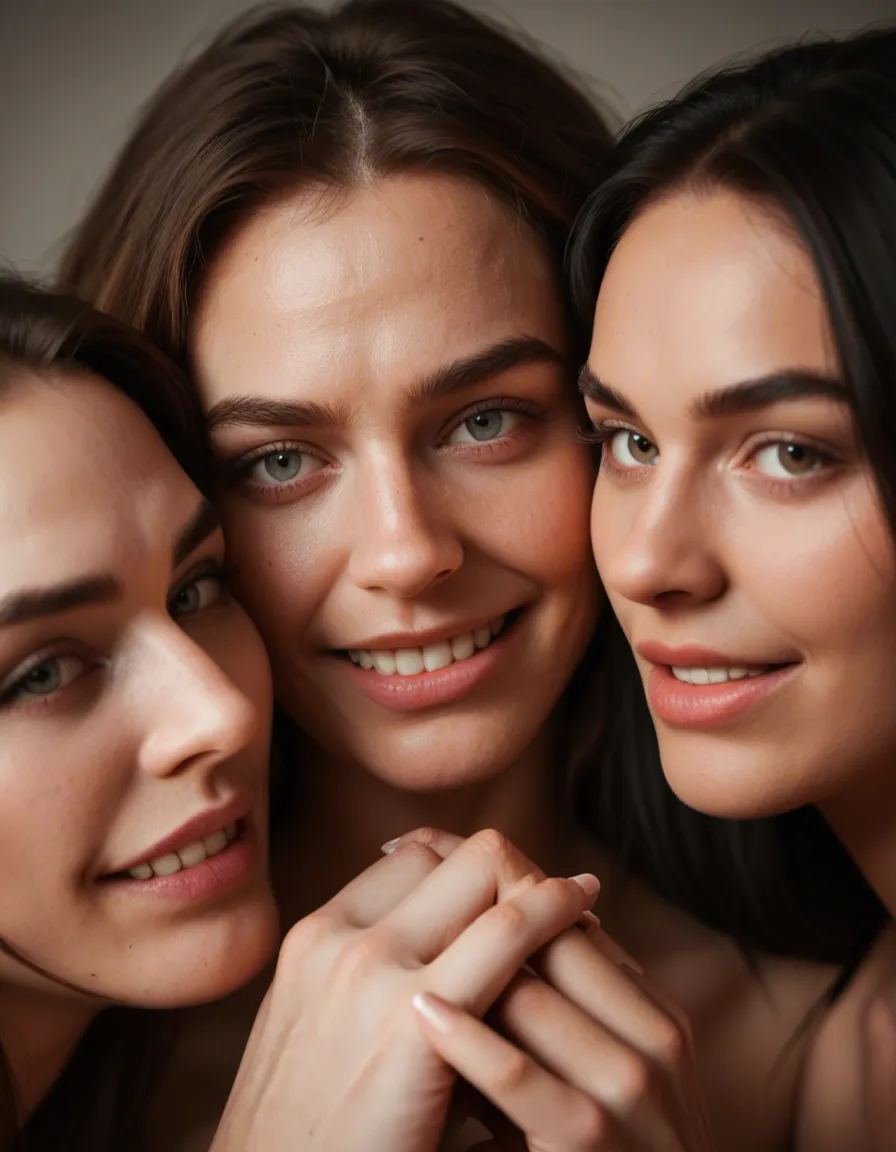 dslr, film grain, photorealistic, close-up, 3women, futanari, holding hands, teasing grin, hyperrealistic, score_9, score_8, candid photo, realistic skin texture, visible skin pores, film grain, depth of field