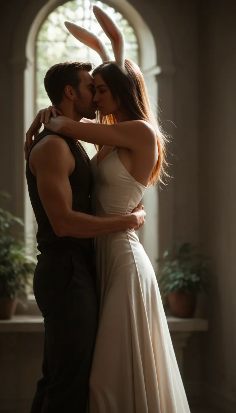 highly detailed, natural lighting, bunny girl, feet out of frame, dress, embrace, orgasm, cowboy shot, RAW photo