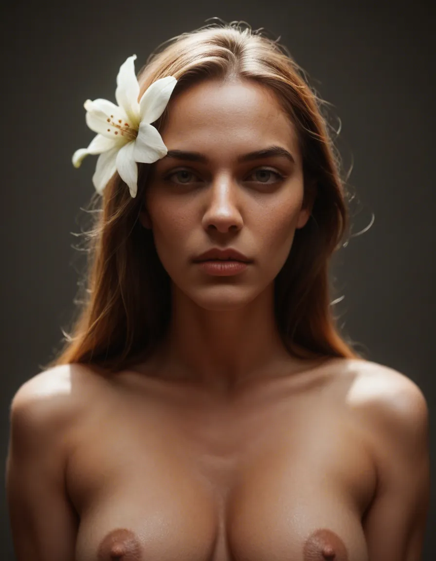 dslr, film grain, photorealistic, princess, hair flower, jewelry, fully nude, cinematic realism, score_9, score_8, candid photo, realistic skin texture, visible skin pores, film grain, depth of field
