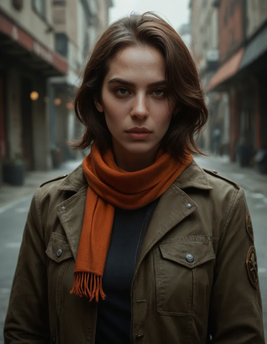 studio quality, sharp focus, solo focus, scarf, jacket, presenting, medium shot, cinematic realism, score_9, score_8, candid photo, realistic skin texture, visible skin pores, film grain, depth of field