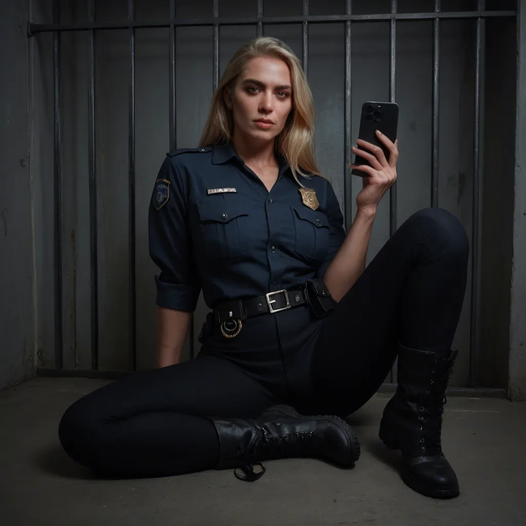 A blonde mature_female wearing a police uniform, black pants, and black utility boots is on her knees in a jail cell with her arms handcuffed behind her. She is giving an interracial deepthroat blowjob to a prisoner. Her shirt is unbuttoned and her medium breasts are out of her white bra.