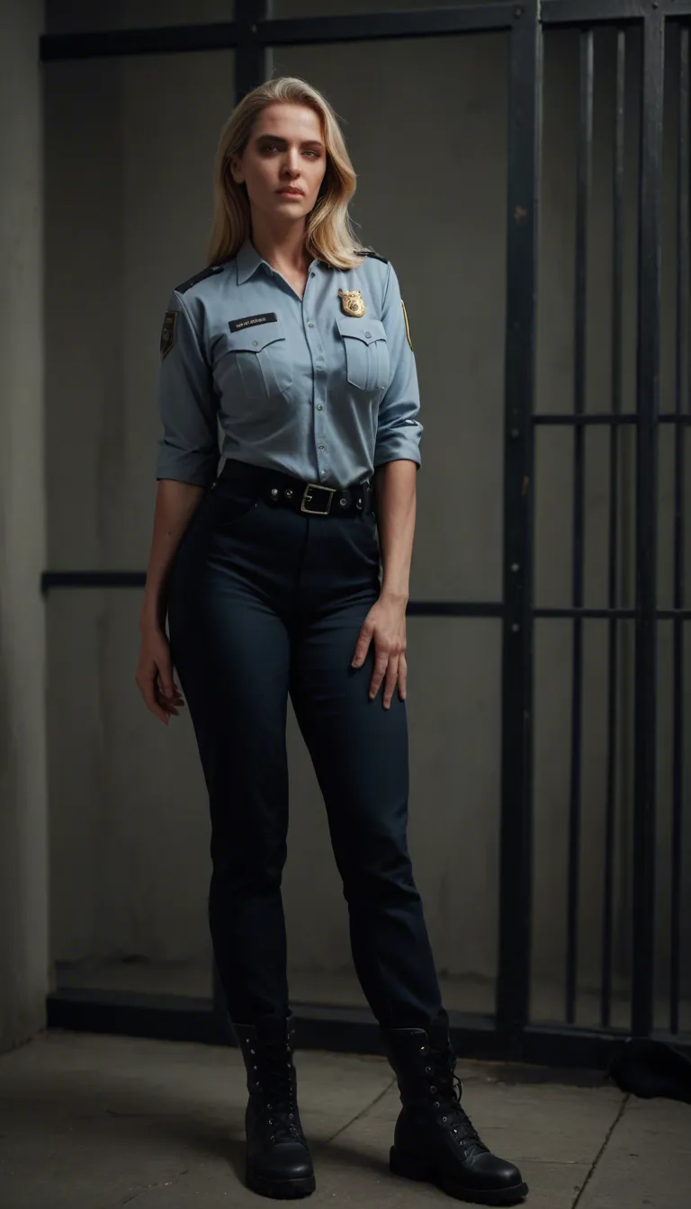 A blonde mature_female wearing a police uniform, black pants, and black utility boots is on her knees in a jail cell with her arms handcuffed behind her. She is giving an interracial deepthroat blowjob to a prisoner. Her shirt is unbuttoned and her medium breasts are out of her white bra.
