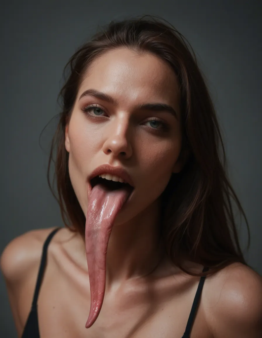 best quality, hyperrealistic, luna lovegood, extremely long tongue, score_9, score_8, candid photo, realistic skin texture, visible skin pores, film grain, depth of field
