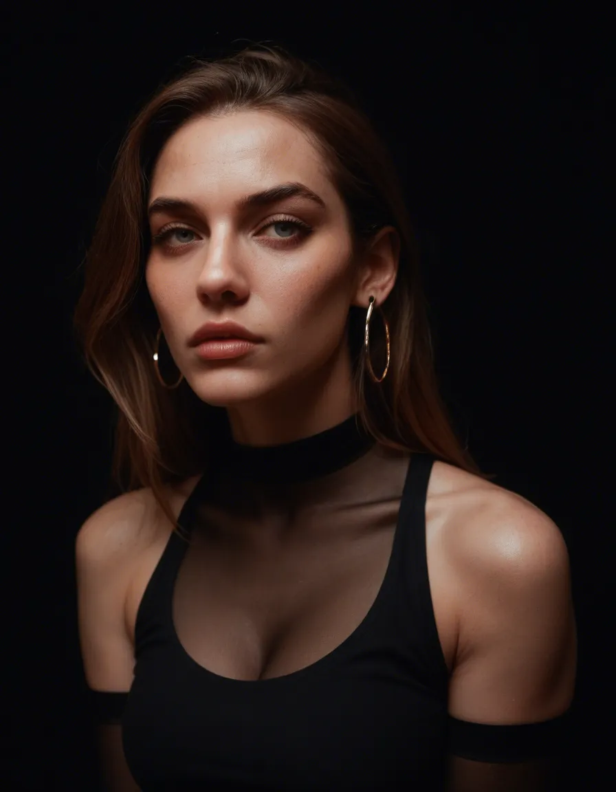 ultra HD, lifelike, princess, black thighhighs, earrings, futanari, black background, neon glow, RAW photo, score_9, score_8, candid photo, realistic skin texture, visible skin pores, film grain, depth of field