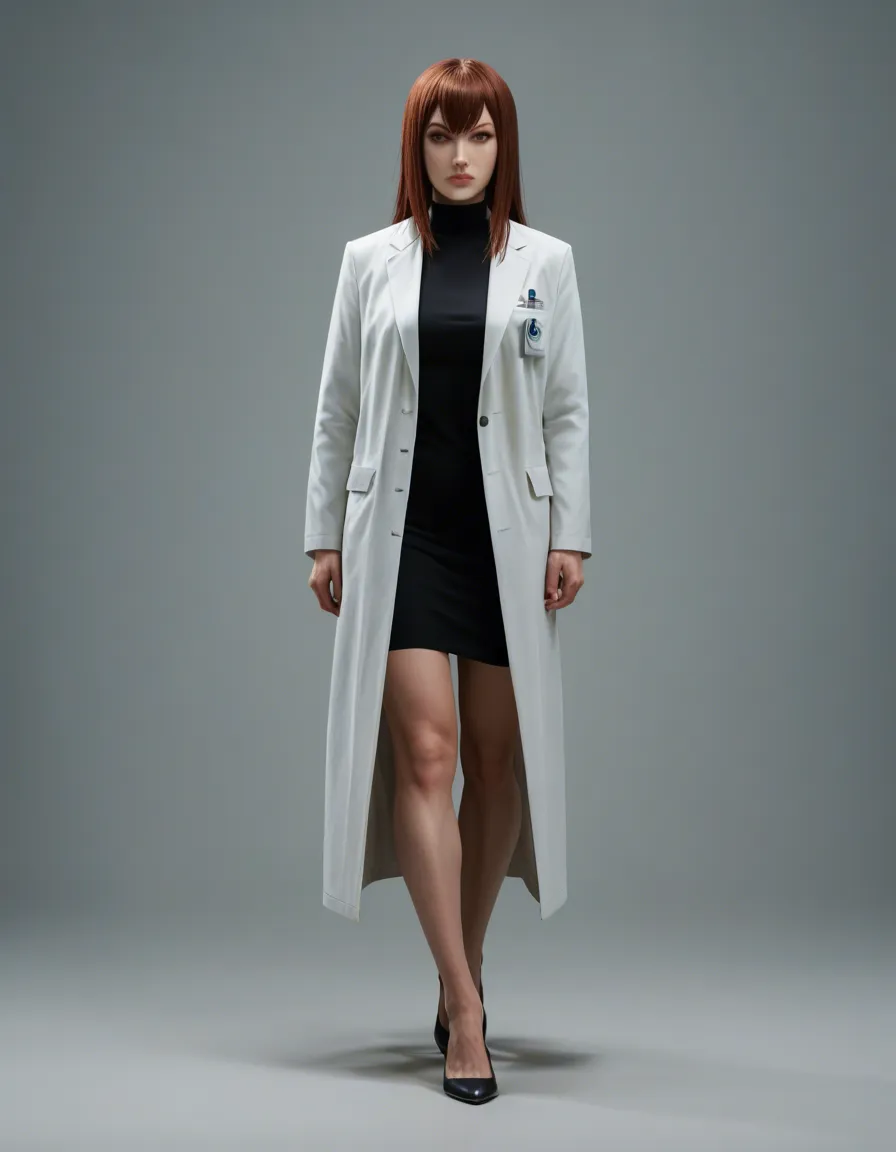 sharp focus, professional photo, high detail, @makise_kurisu, science_fiction, lab_coat, time_machine, long_hair, full_body, walking, simple_background, score_9, score_8, candid photo, realistic skin texture, visible skin pores, film grain, depth of field