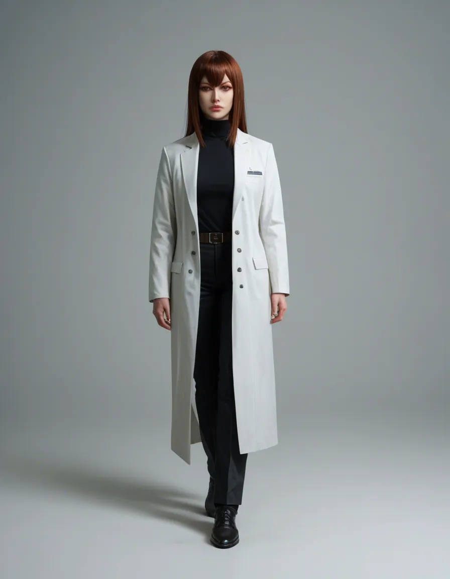 sharp focus, professional photo, high detail, @makise_kurisu, science_fiction, lab_coat, time_machine, long_hair, full_body, walking, simple_background, score_9, score_8, candid photo, realistic skin texture, visible skin pores, film grain, depth of field, black_gloves, femdom, score_9, score_8, candid photo, realistic skin texture, visible skin pores, film grain, depth of field