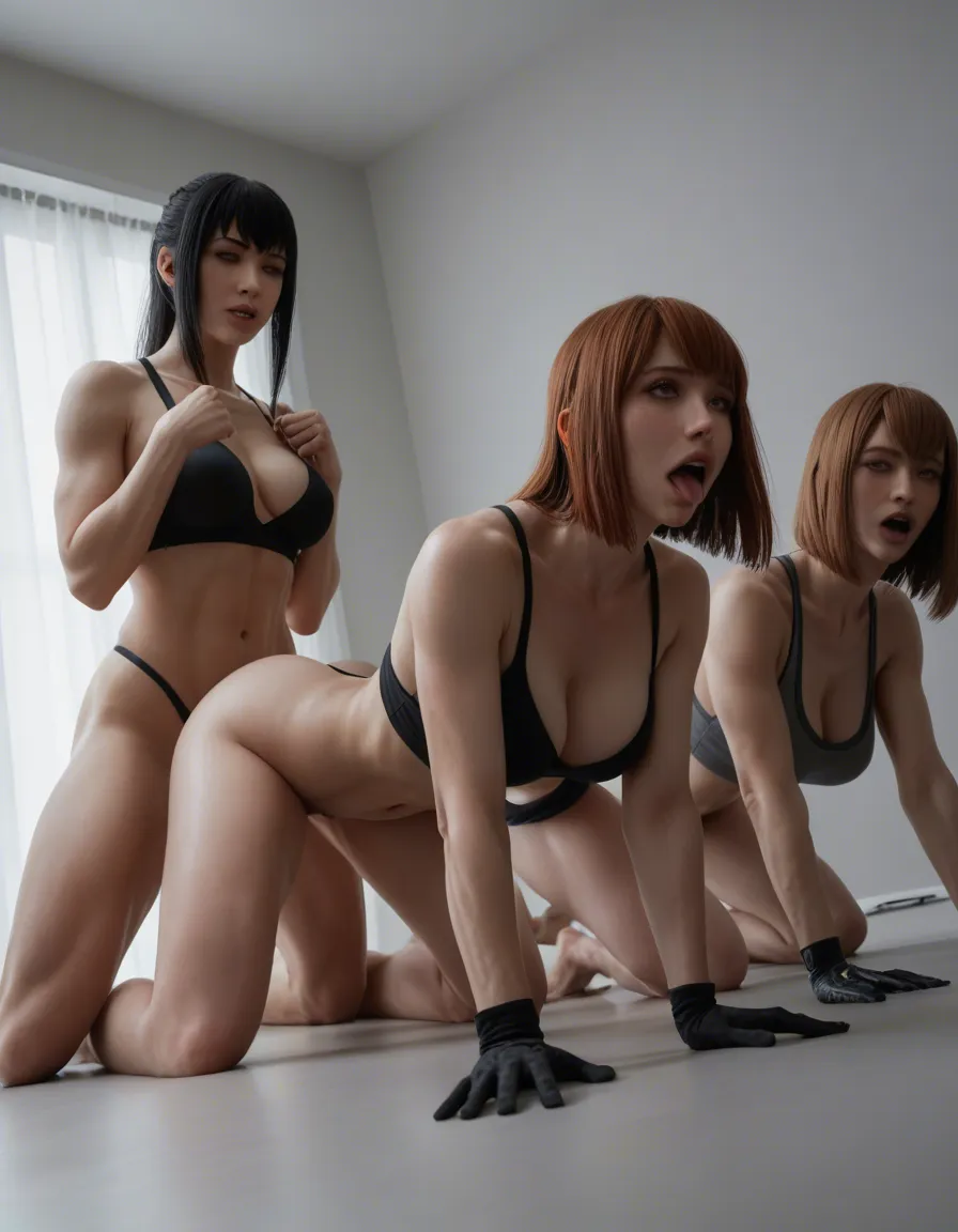 ultra HD, lifelike, fitness model, navel, black gloves, ahegao, grey background, ambient glowing, 8k, sharp focus, detailed skin, dutch angle, 3girls, on all fours, hands up, indoors, hyperrealistic, @makise_kurisu, science_fiction, lab_coat, time_machine, score_9, score_8, candid photo, realistic skin texture, visible skin pores, film grain, depth of field