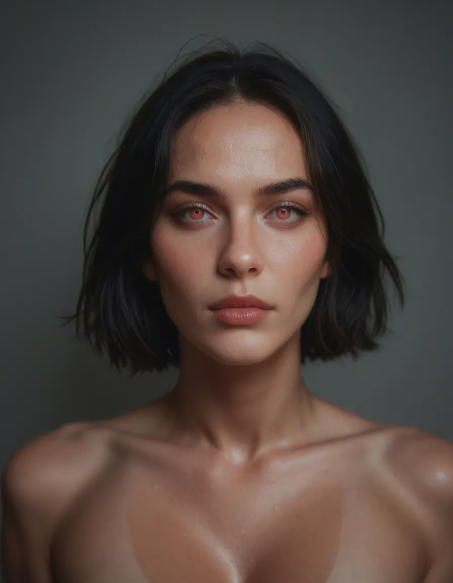 Anime woman with short black hair and huge tits being hypnotised by a spiral, score_9, score_8, candid photo, realistic skin texture, visible skin pores, film grain, depth of field