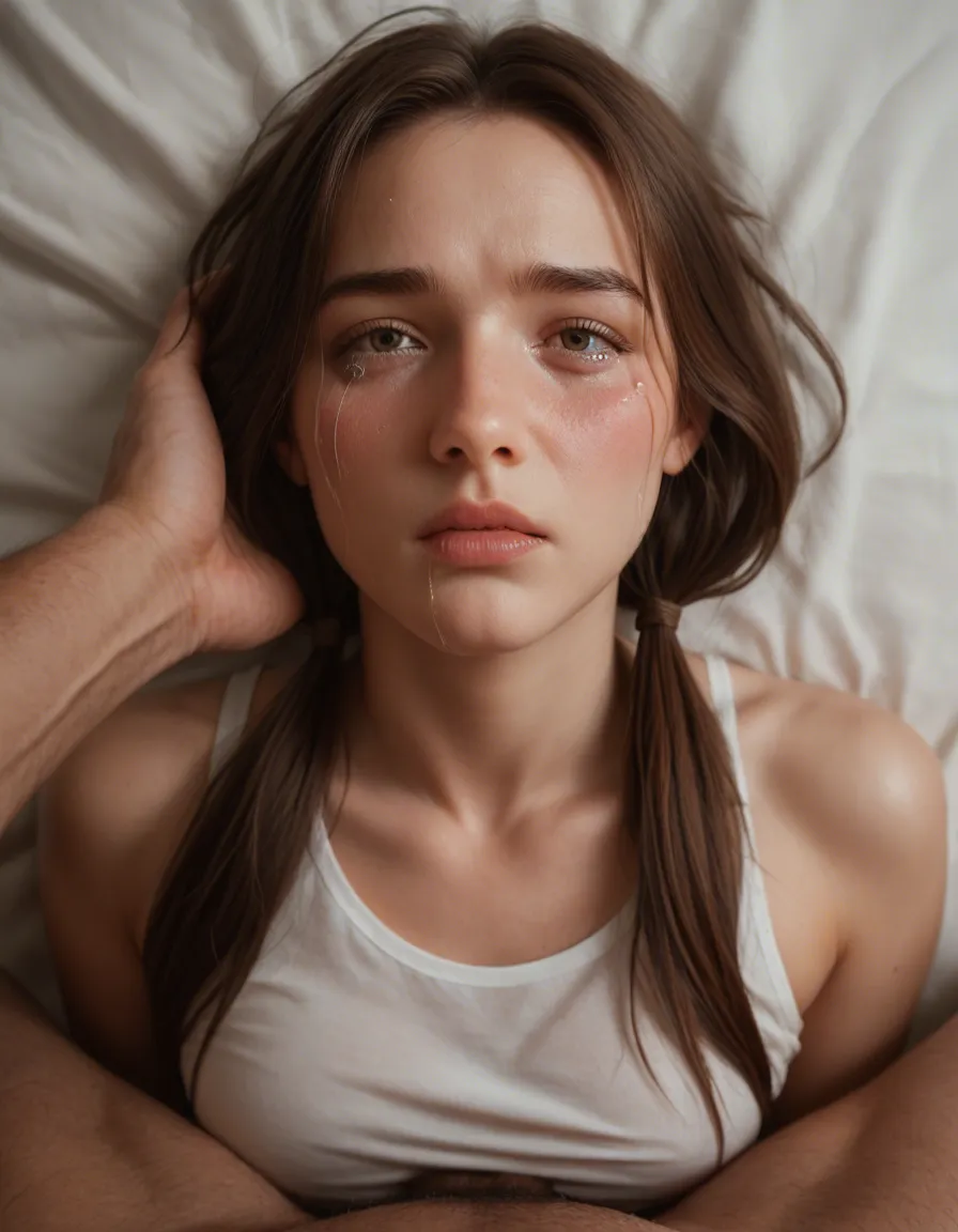 high_quality, detailed, cute_woman, 18_years_old, low_twintails, brown_hair, light_brown_eyes, blush, shame, submissive_female, tears, bdsm, male_pov, play_with_boobs, pov_hands obvious_hickeys_on_tits, slim waist, medium_breasts, white_shirt_lift, coat_open, pink_bra, skirt, full_body,, score_9, score_8, amateur photo, phone snapshot, realistic skin texture, skin blemishes, soft indoor lighting