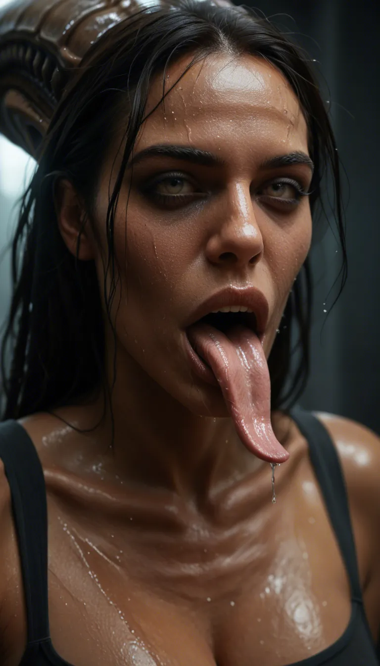Xenomorph from Aliens, biomechanical inner jaw extended and greedily sucking on a small white cock, wet glistening mouth, long tongue lovingly wrapping and stroking the shaft, slow rhythmic sucking with eager, affectionate motion, glossy black exoskeleton, detailed alien head, soft warm lighting on the mouth, close-up, sensual and horny rather than scary, realistic uncensored