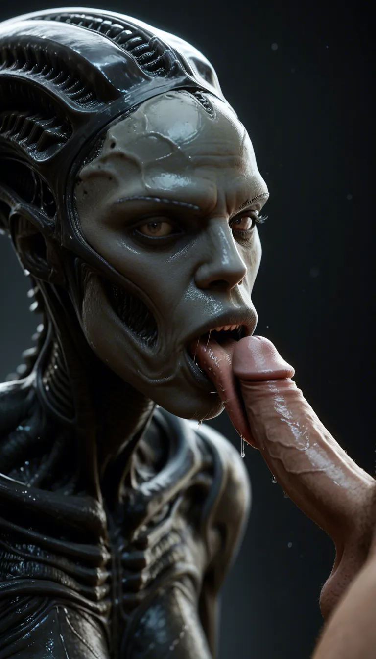 Xenomorph #monster, bio small inner jaw extended and greedily sucking on a small white cock, wet glistening mouth, long tongue lovingly wrapping and stroking the shaft, slow rhythmic sucking with eager, affectionate motion, glossy black exoskeleton, detailed alien head, soft warm lighting on the mouth, close-up, sensual and horny rather than scary, realistic uncensored
