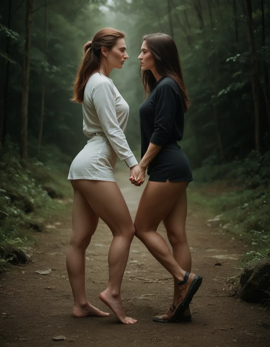 ultra HD, lifelike, side view, 2women, leg up, holding hands, outdoors, submissive blush, photorealistic, score_9, score_8, candid photo, realistic skin texture, visible skin pores, film grain, depth of field