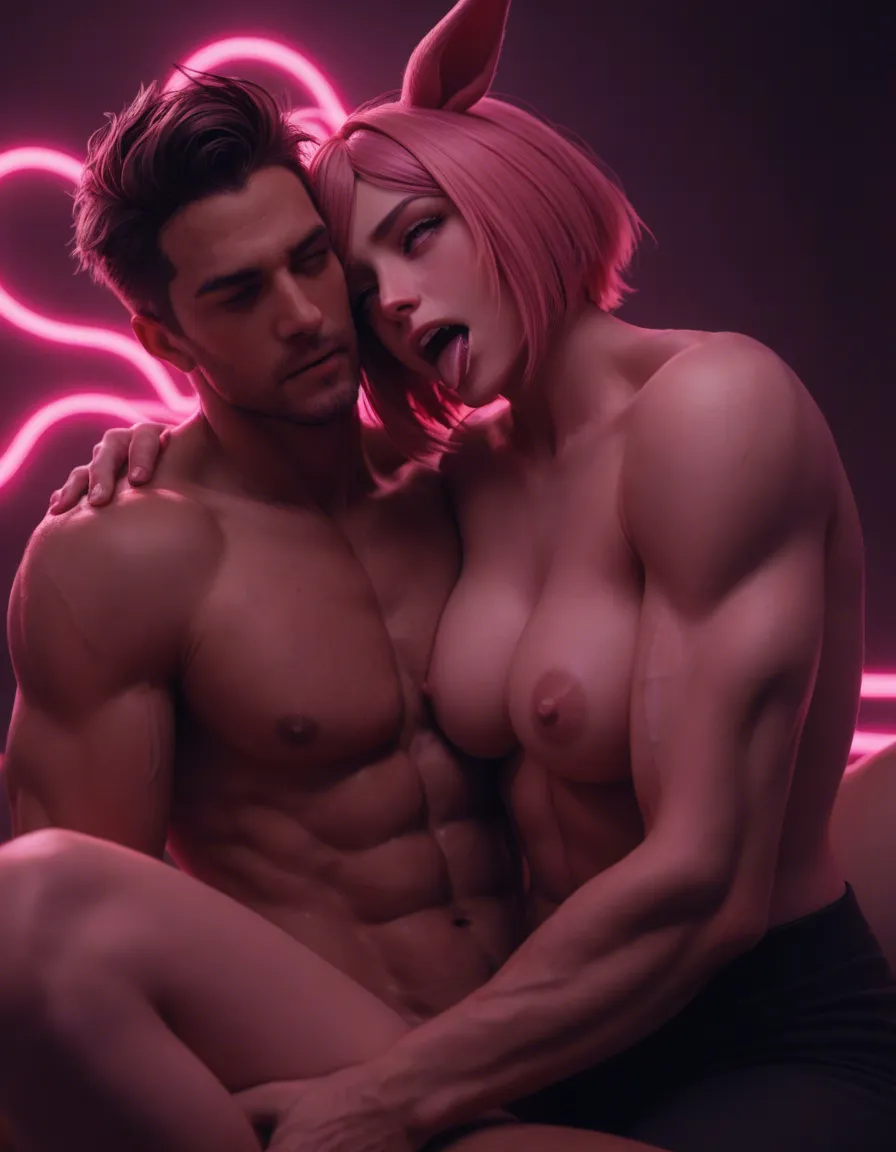 a high-tension, intensely erotic scene set within a plush, neon-lit pink sanctuary, where a gorgeous  @kitasan_black_(umamusume)  with an ecstatic ahegao expression—eyes rolled back and tongue out in pure bliss—is perched atop the lap of a muscular, dark-skinned man. The man is positioned faceless and from behind, seated on the edge of a pristine white bed, his powerful arms reaching around to firmly grab and squeeze her oversized F-cup breasts, which are barely contained by a sheer, white crotchless lingerie set that leaves her pink nipples and clitoral piercing fully exposed. A delicate love-themed piercing adorns her nipple, and a shimmering belly button ring catches the light, while a vivid pink succubus tattoo curls provocatively across her pubic area. The composition captures the raw intensity of the moment: they are locked in a deep vaginal penetration from behind, the friction creating a visible, explosive surge of female squirt that sprays across the white linens. The atmosphere is heavy with desire and luxury, blending the softness of the pink room with the primal, muscular energy of the encounter, resulting in a visually stunning portrait of uninhibited pleasure. .realistic live action style, with reliable anime to real person, good and fine face., score_9, score_8, candid photo, realistic skin texture, visible skin pores, film grain, depth of field