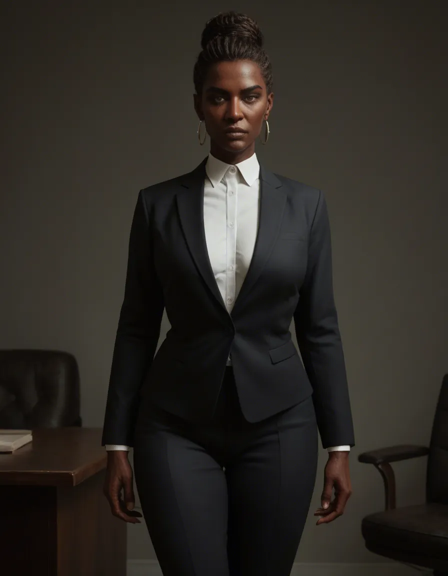 An image in an empty room in the UK. Seated on a chair is a strict female teacher, aged about 45, with brown hair in a bun and wearing a dark coloured business suit. Standing in front of her is a eighteen-year-old black woman with cornrow hair. The woman is facing the teacher with her back to the image. The woman is wearing a Tshirt, and a pair of white cotton bikini-style panties with thin light blue edges. The woman has her hands on the back of her head, with fingers interlocked and elbows sticking out, in a submissive pose., score_9, score_8, candid photo, realistic skin texture, visible skin pores, film grain, depth of field