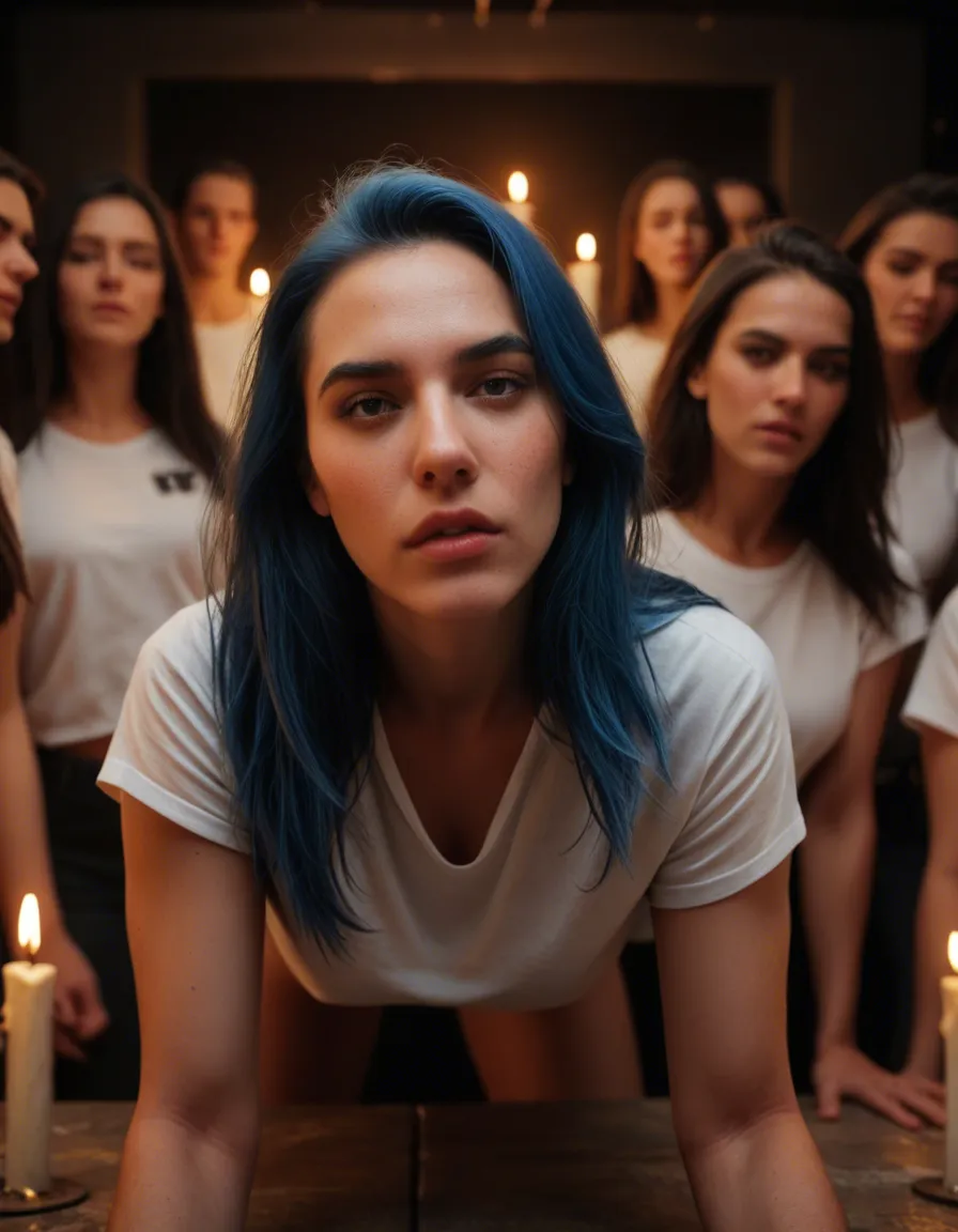 cinematic photo, 8k, 6+women, blue hair, shirt, doggy style, candlelight, hyperrealistic, score_9, score_8, candid photo, realistic skin texture, visible skin pores, film grain, depth of field