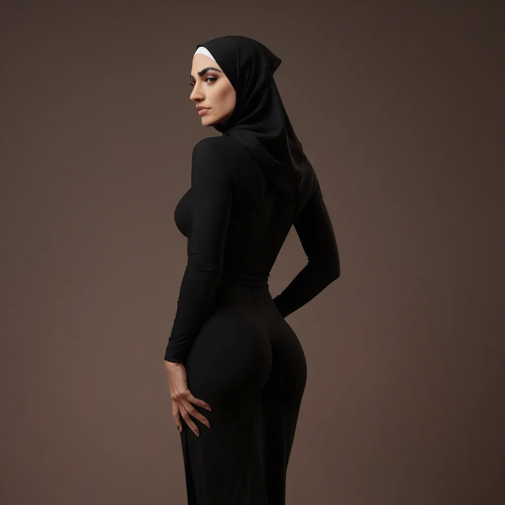 46 years hijab black dress stockings blag dog stil bedroom beatifull matures lady sexy bi butt, score_9, score_8, candid photo, realistic skin texture, visible skin pores, film grain, depth of field
