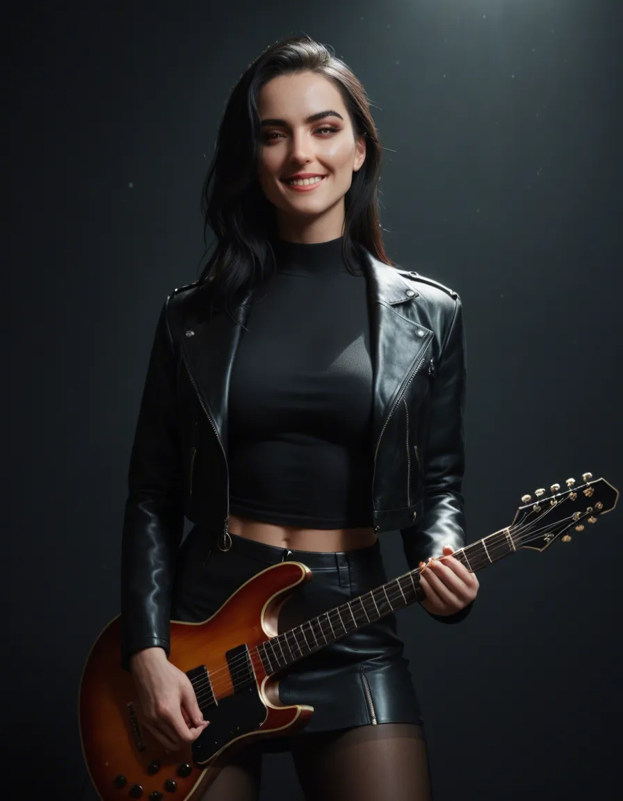 aesthetic 11. Beautiful girl with big boobs , wearing an open black leather boker jacket and black leather miniskirt, black sheer pantyhose, with a Guitar Black Hair flowing -- -- absolutely beautiful glowing smiling intricately detailed high definition beautiful beautiful lighting masterpiece dramatic pose sleek detailed ((beautiful face)) exquisite detail backlit absolute masterpiece iridescent beautiful details heartwarming glorious exotic exquisite beautiful colors 8k unique heavenly helpful creative best masterpiece, best quality, high quality, detailed in an absolutely beautiful world-class masterpiece that is aesthetically pleasing with everything positioned perfectly, impeccable attention to detail, and an impressive, unique composition. aesthetic 11. very aesthetic 11., score_9, score_8, candid photo, realistic skin texture, visible skin pores, film grain, depth of field, score_9, score_8, candid photo, realistic skin texture, visible skin pores, film grain, depth of field, score_9, score_8, candid photo, realistic skin texture, visible skin pores, film grain, depth of field