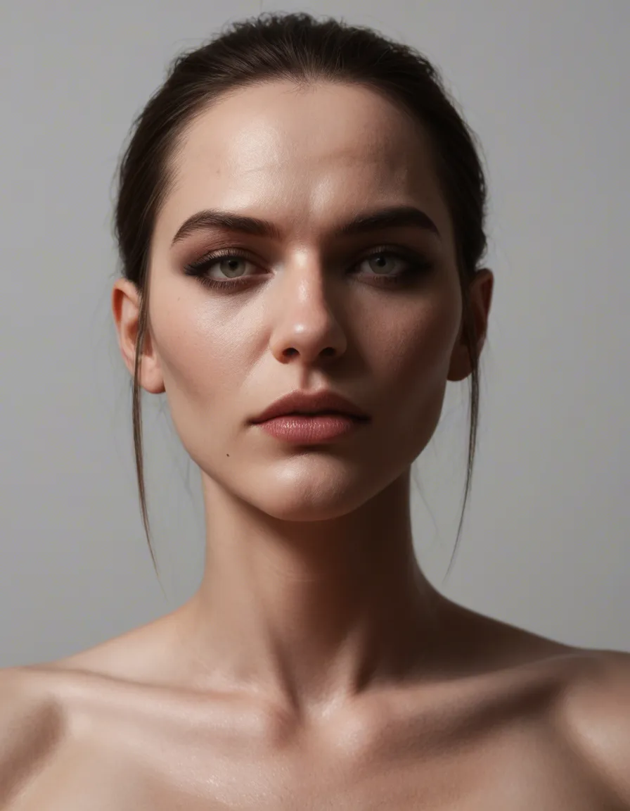 (hyper-realistic:1.2), (8k resolution:1.2), (studio portrait:1.1), (full body image:1.2), a woman in her early-to-mid 30s, (long straight face:1.2), (defined jawline:1.2), high cheekbones, narrow slightly pointed chin, (pale blue-grey eyes:1.2), wide-set symmetrical eyes, neutral warm taupe eyeshadow, precisely groomed arched dark brows, straight proportionate nose, (full natural mauve-nude lips:1.1), subtle closed-lip smile, (composed confident expression:1.1), (fair skin with warm undertone:1.1), matte studio skin finish, (sleek glossy jet black hair:1.3), board-straight center-parted hair, long hair past shoulders, (wearing sheer black tight vest top:1.3), (white denim hotpants:1.2), (nude glossy tights:1.3), neutral studio background, sharp focus, high-end fashion editorial, detailed skin pores, cinematic lighting, professional photography., score_9, score_8, candid photo, realistic skin texture, visible skin pores, film grain, depth of field