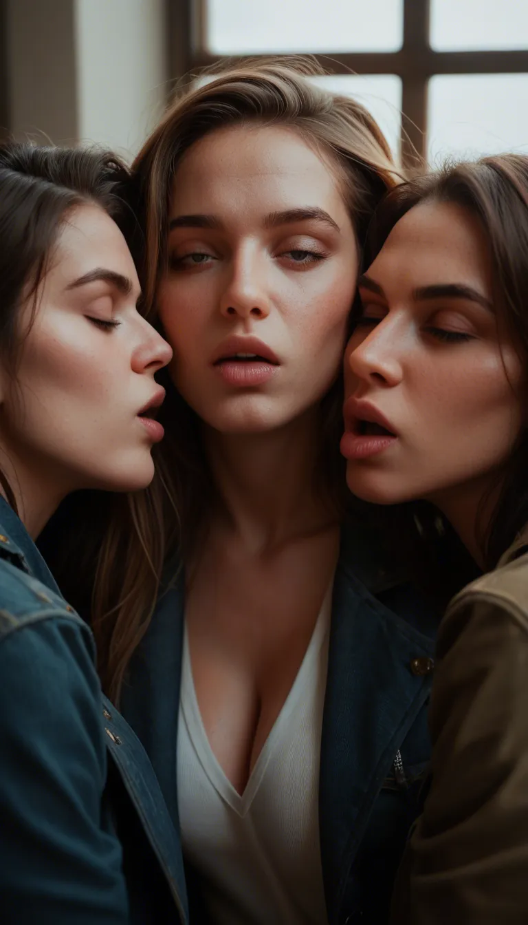 sharp focus, 8k uhd, 3women, cleavage, jacket, kissing, moaning, simple background, close-up, window light, lifelike render