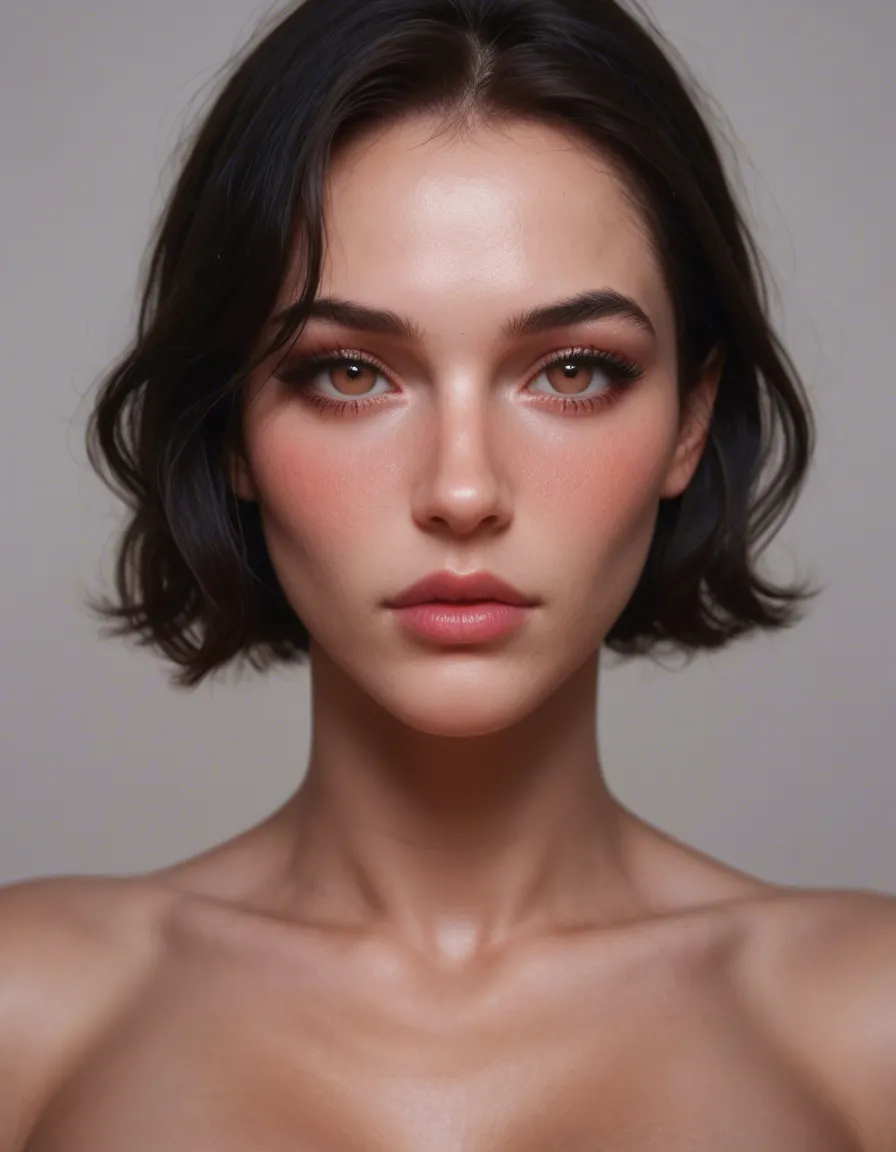 beautiful young woman, detailed face from reference, long wavy jet-black hair parted in the middle, large expressive brown eyes with long eyelashes and winged eyeliner, full pink lips, soft blush on cheeks, fair smooth skin, seductive expression, slender curvy body, large firm breasts, narrow waist, wide hips, gold Star of David necklace, classic anime style like Demon Slayer, clean lineart, cel shading, vibrant colors, highly detailed, masterpiece, score_9, score_8, candid photo, realistic skin texture, visible skin pores, film grain, depth of field