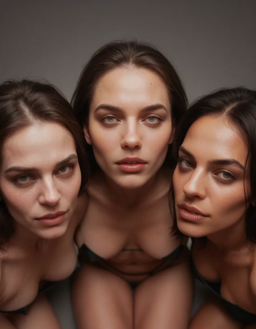 ultra HD, lifelike, from above, 4women, fang cesitting, petite adult woman, transparent background, lustful eyes, photorealistic, score_9, score_8, candid photo, realistic skin texture, visible skin pores, film grain, depth of field