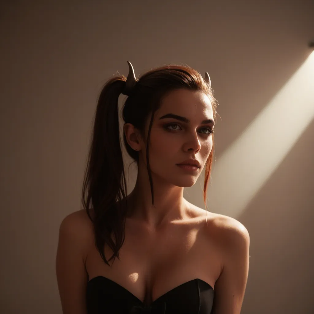 cinematic photo, 8k, succubus, side ponytail, bow, futanari, spotlight, lifelike render
