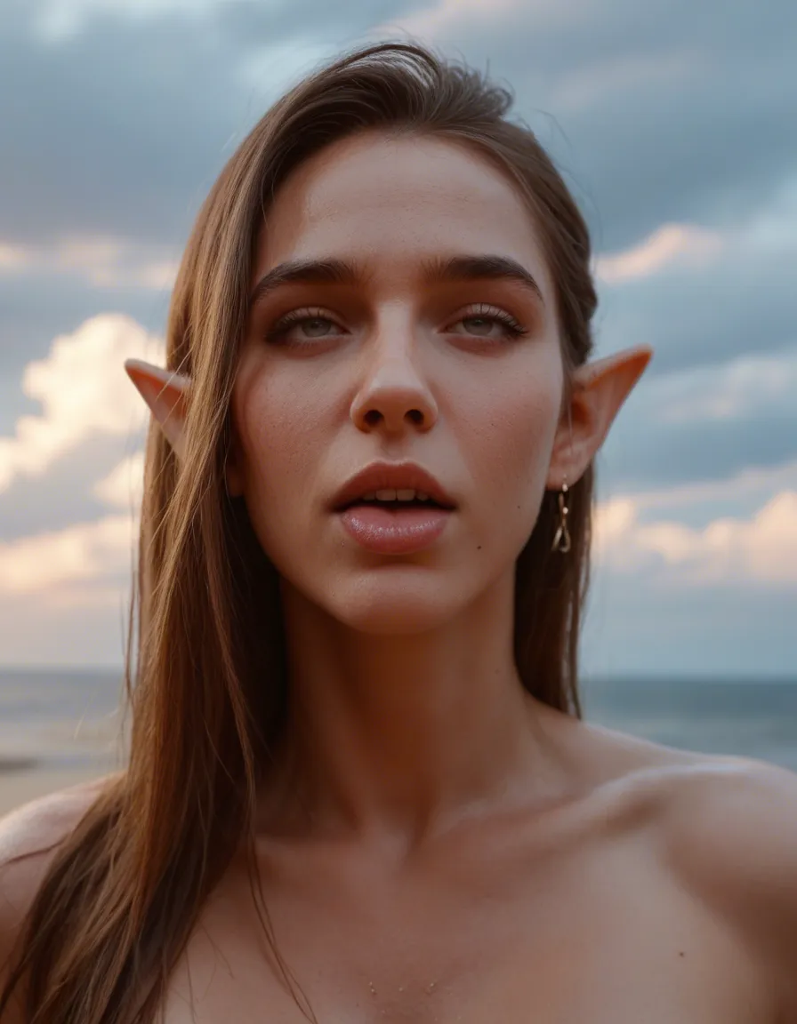 ultra HD, lifelike, medium shot, 1other, ahegao, pointy ears, cloud, cinematic realism, score_9, score_8, candid photo, realistic skin texture, visible skin pores, film grain, depth of field