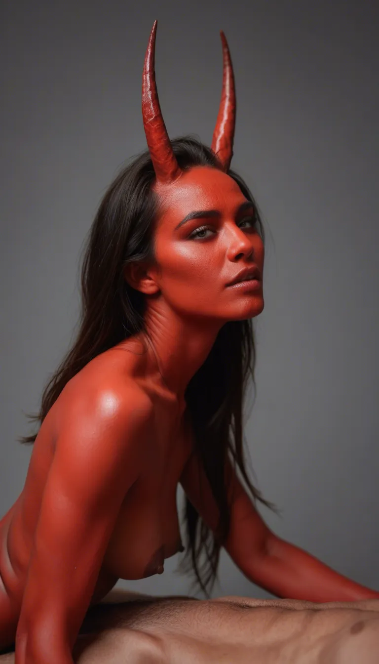 Deamon woman with red skin and horns rides man Denis