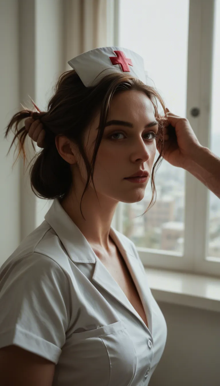 dslr, film grain, photorealistic, nurse, heart, hair pull, window light, dslr quality