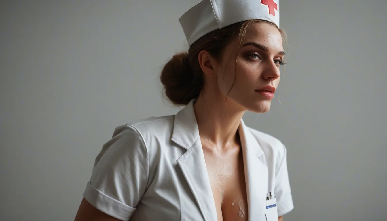 nurse small cum_on_breasts, score_9, score_8, candid photo, realistic skin texture, visible skin pores, film grain, depth of field