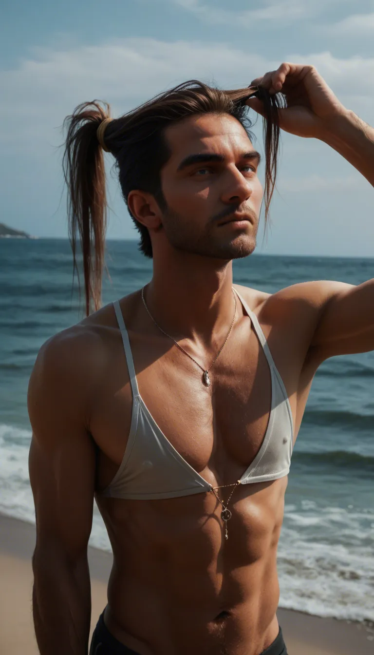 natural skin, sharp, dutch angle, male focus, cleavage, jewelry, hair pull, ocean, unfiltered look