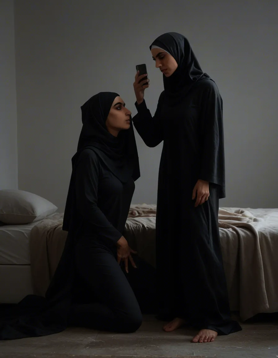 Lesbian couple, hijab, full_body, phone snapshot, fingering, score_9, score_8, amateur photo, phone snapshot, realistic skin texture, skin blemishes, soft indoor lighting