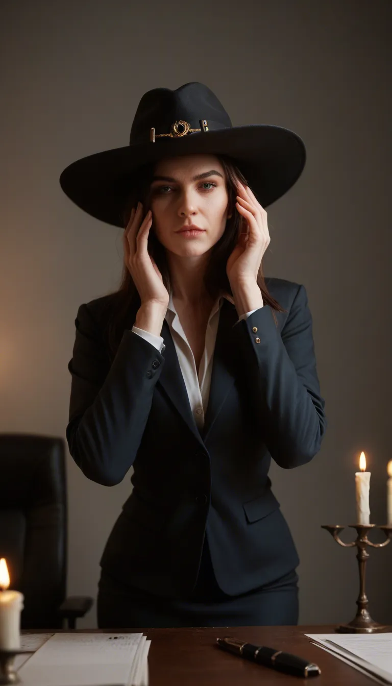 sharp focus, 8k uhd, office lady, hands up, hat, grinding, military, candlelight, studio photo